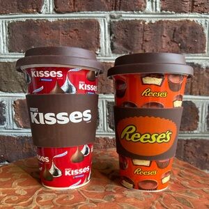 Hershey Kisses and Reese’s Ceramic Travel Mugs with silicone sleeves & lids